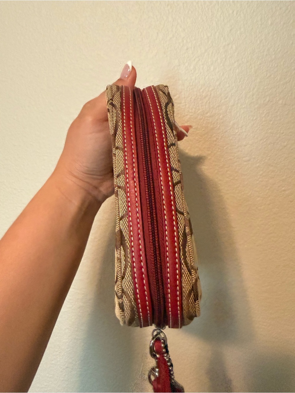 Coach Signature Canvas Wristlet in Brown with Red Strap - Picture 5 of 13
